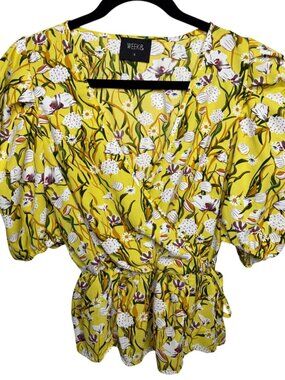 Week& Floral Surplice Puff Sleeve Peplum Blouse Yellow Print Top S
